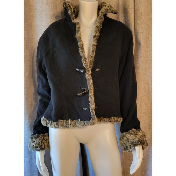 Fjall Nordic Design Faux Fur Wool Reversible Bison Jacket Womens Toggle Button L - Picture 3 of 10